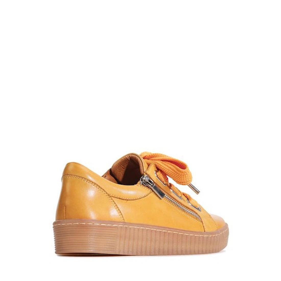 EOS Jovi Sunflower Yellow Leather Trainers with fun orange laces, comfy thick sole, and an easy side zipper for active kids.  ksnz, 47214, 9321191308760, 9321191308777, 9321191308784, 9321191308791, 9321191308807, 47220