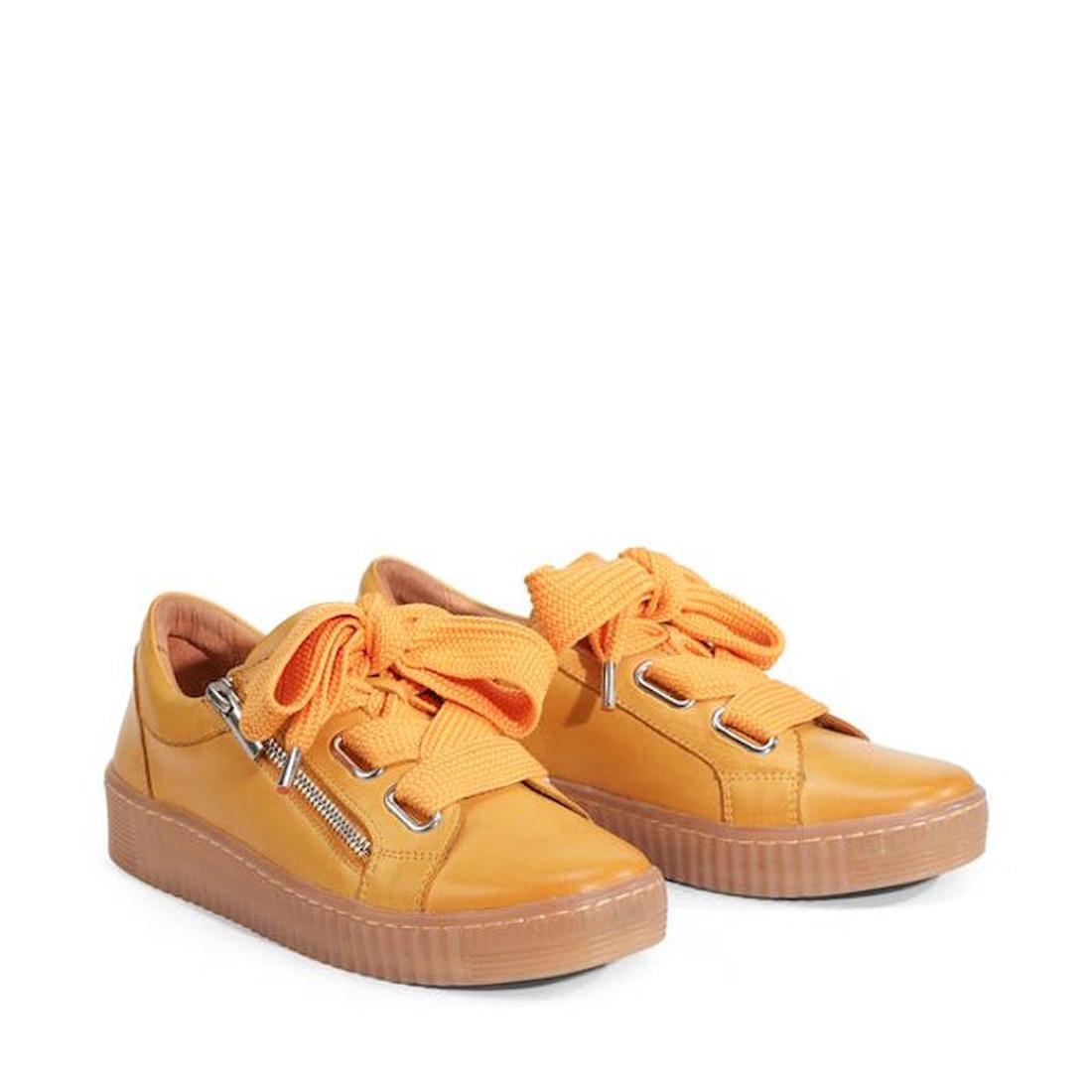 EOS Jovi Sunflower Yellow trainers for kids, with fun orange laces, easy side zipper, and sturdy rubber soles on soft leather.  ksnz, 47214, 9321191308760, 9321191308777, 9321191308784, 9321191308791, 9321191308807, 47220