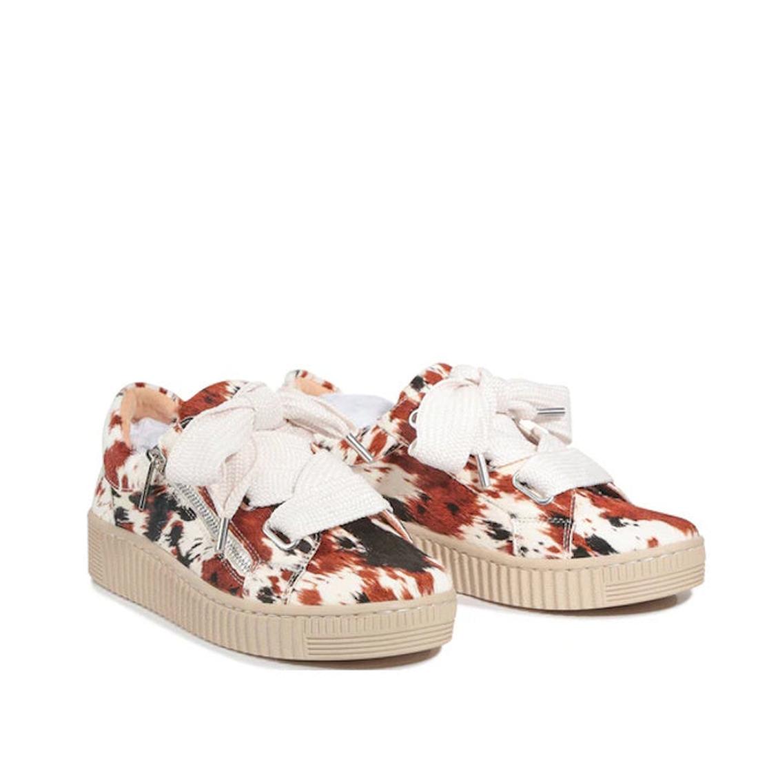 The EOS Jovi Texas Pony Leather Lace Up With Zip are low-top sneakers crafted from cashmere leather with chunky beige soles, large white laces, and a multicolored animal-print pattern in brown, black, and white., 51482, 9321190036015, 9321190036022, 93211