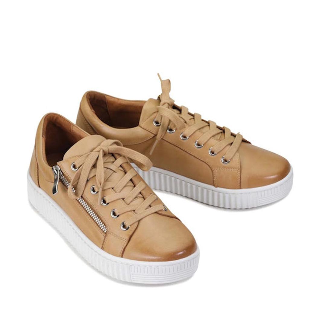 The EOS Joyce Tan Leather Trainer is crafted from Italian aniline leather, with white rubber soles, lace-up fronts, side zippers, and metal eyelets—shown on a white background., 52295, 52289, 52290, 52291, 52292, 52293, 52294