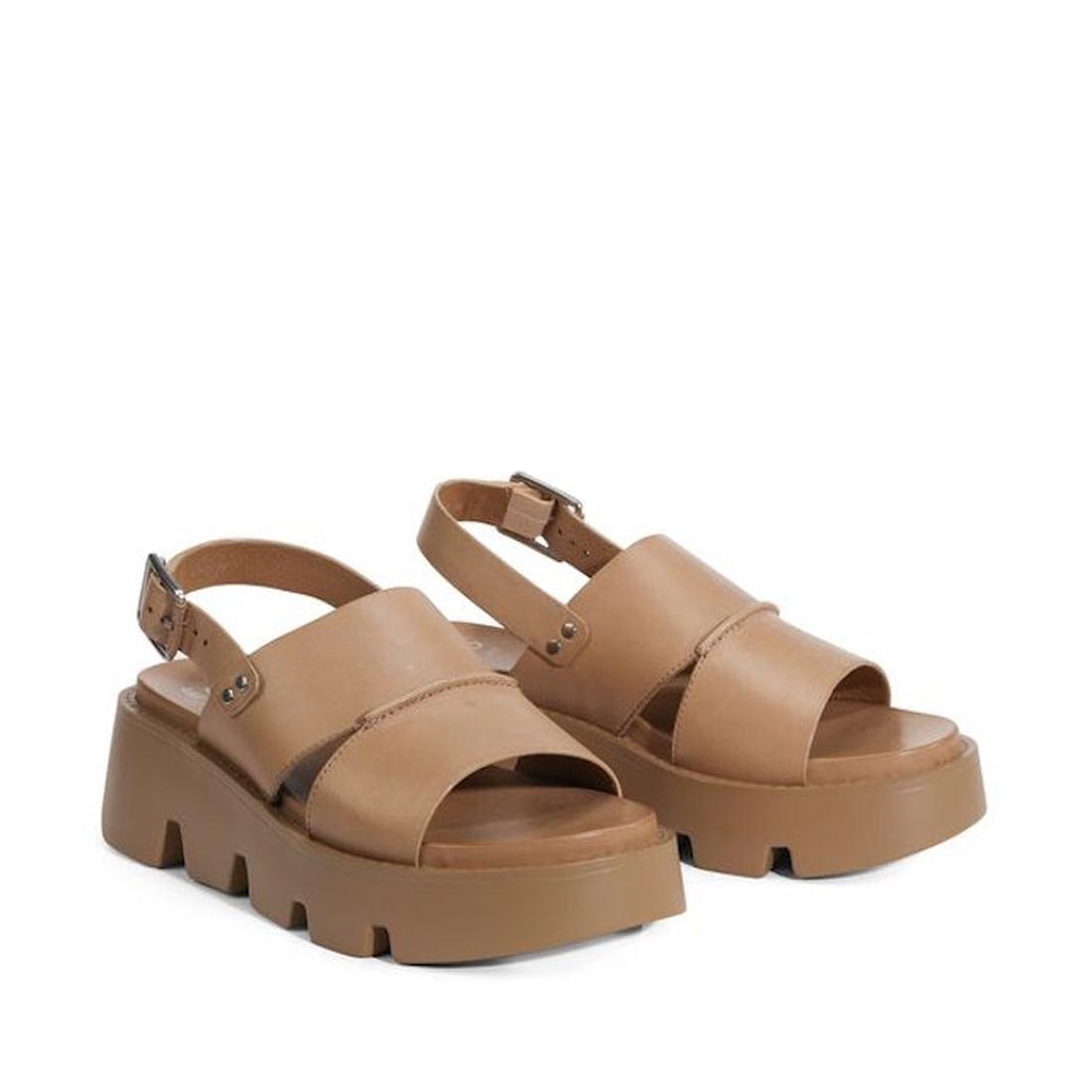 The EOS Kaily Women's Desert Leather Chunky Dressy Sandal features open toes, thick treaded soles, wide front straps, and adjustable ankle straps with buckles, shown against a white background., 47235, 9321191309118, 9321191309125, 9321191309132, 93211913