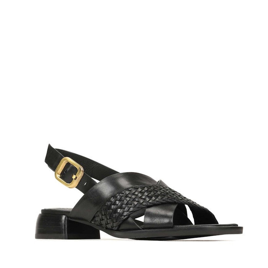 EOS Laticia Black Leather Sandal for women, with soft woven straps, a comfy mini block heel, and secure gold-buckle back strap.  ksnz