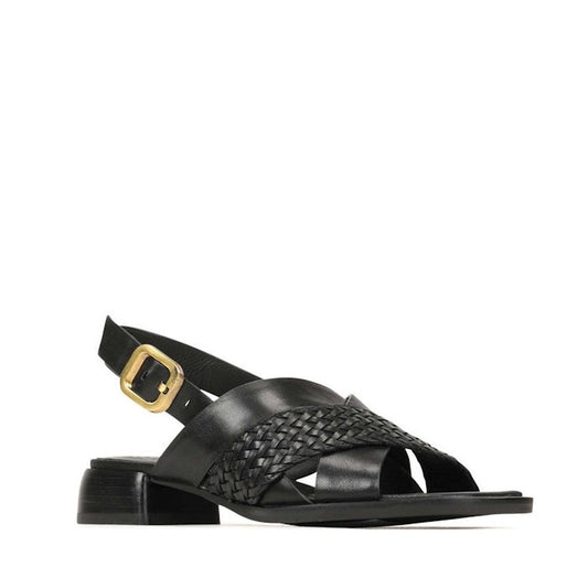 EOS Laticia Black Leather Sandal for women, with soft woven straps, a comfy mini block heel, and secure gold-buckle back strap.  ksnz