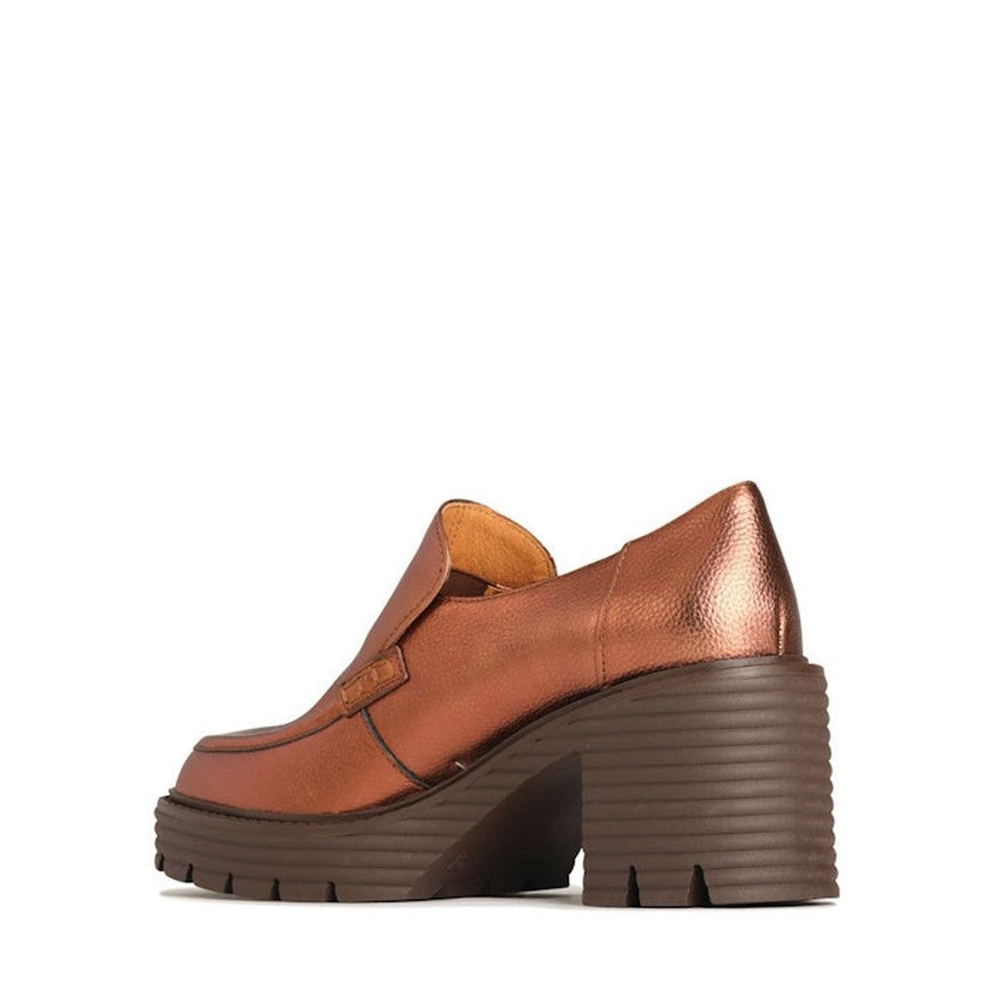The EOS Malia Rusty Metallic Heeled Leather Shoe features a sleek copper finish, chunky textured dark brown block heel and platform sole, plus a modern low-cut design—all displayed against a white background., 36555, 9321191196909, 9321191196916, 93211911