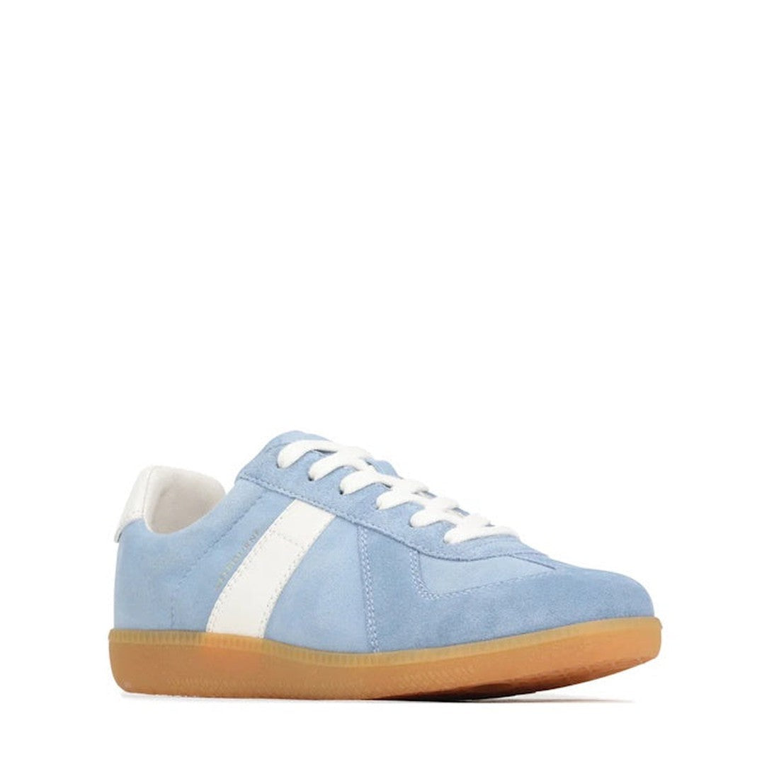 The EOS Melbaa Sky Suede Leather Lace Up Trainer features a light blue suede upper, white laces, white side stripe and heel detail, and a tan rubber sole, shown against a plain white background.