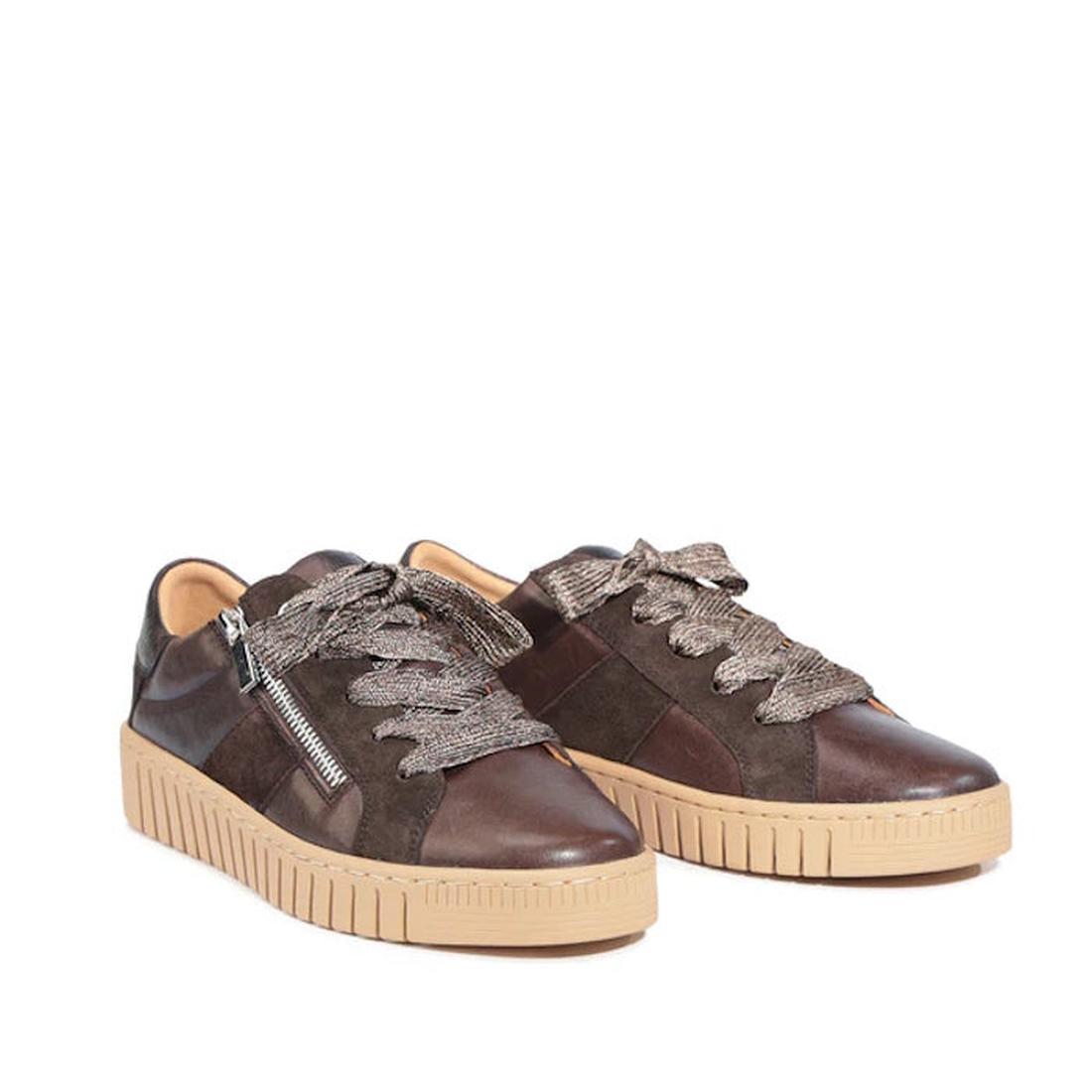 The EOS Tinah Mahogany Dark Brown Leather Trainer features a leather and suede upper, tan rubber soles, patterned laces, and a side zipper detail, shown on a white background., 51468, 9321190042108, 9321190042115, 9321190042122, 9321190042139, 93211900421
