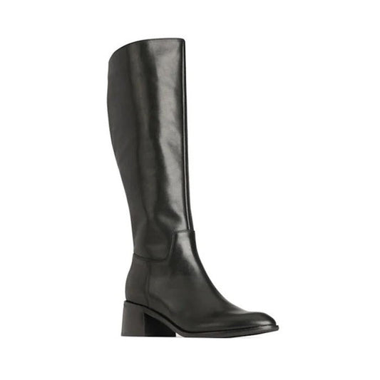 The EOS Wyoming Black High Leather Women's Heeled Boot is a knee-high style with a rounded toe and low, chunky heel, shown on a plain white background.
