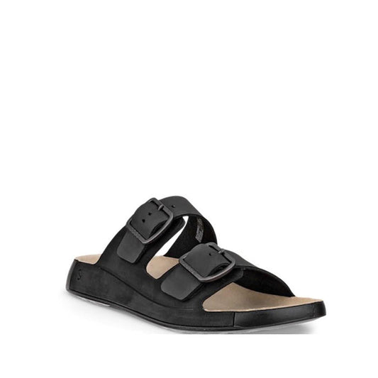 Ecco Mens Cozmo Casual Buckle Black Leather Slide featuring two straps with matching buckles and a supportive, contoured footbed.