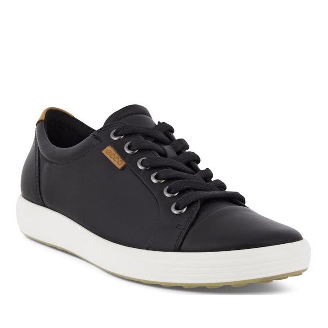 Ecco Soft 7 Sneakers Black Womens Leather—comfy black trainers with laces, durable white sole, metal eyelets, and brown logo detail.  ksnz