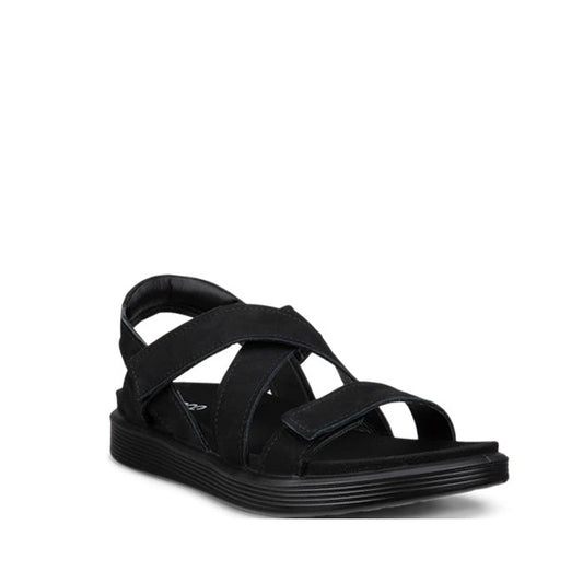 Ecco Womens Soft Sandal Cross Strap Black Adjustable featuring crossed straps over the forefoot, an ankle strap, and a grooved sole.