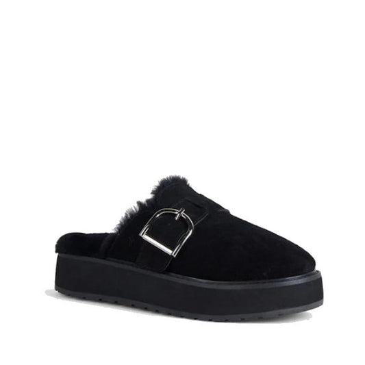 The Emu Womens Adison Black Sheepskin Wool Mule Slipper Scuff features a thick platform sole, suede upper, faux fur lining, and a silver buckle detail, displayed against a white background.
