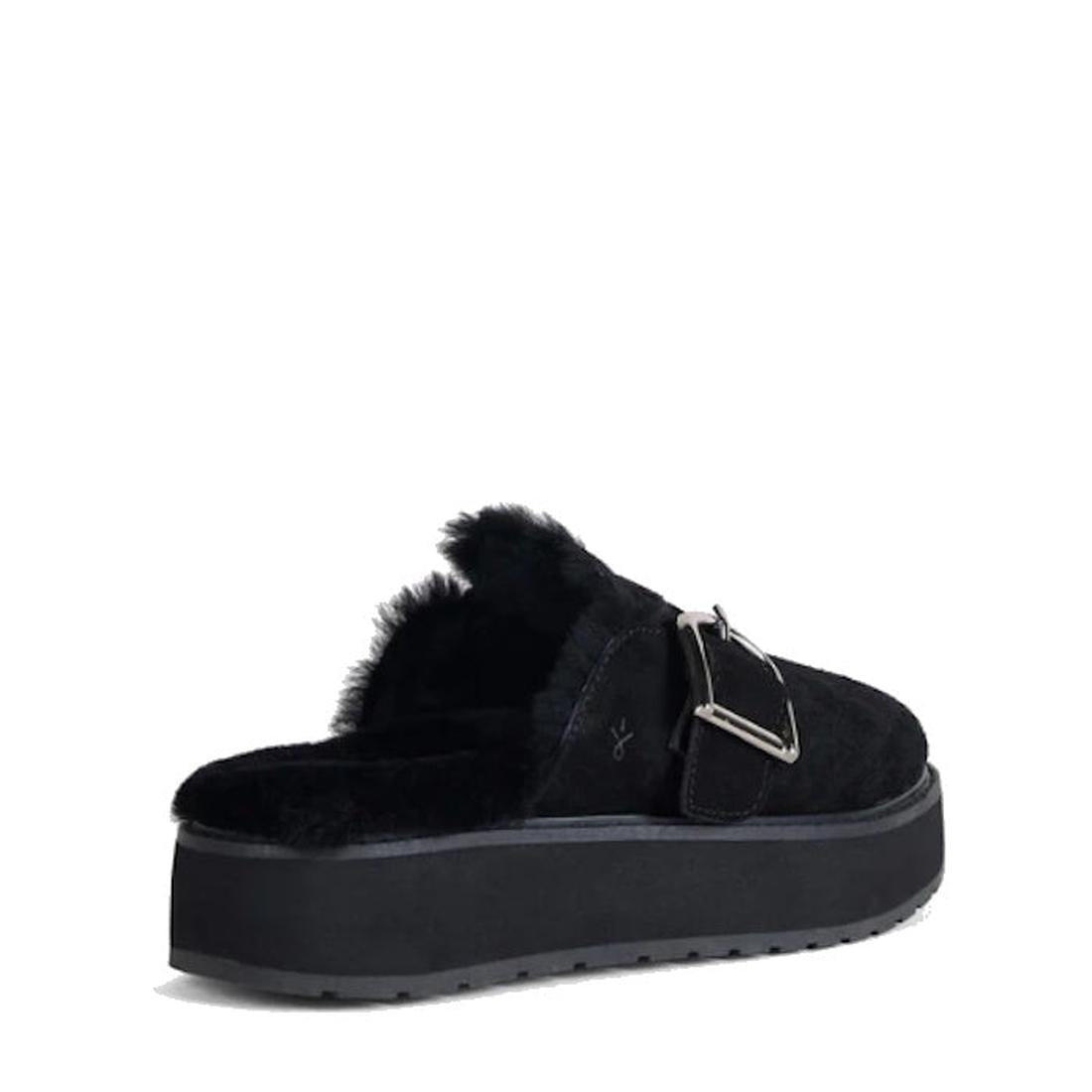 The Emu Womens Adison Black Sheepskin Wool Mule Slipper Scuff features a suede upper, plush faux fur lining, chunky sole, and a prominent silver buckle., 50710, 9330071990797, 9330071990803, 9330071990810, 50714, 50715