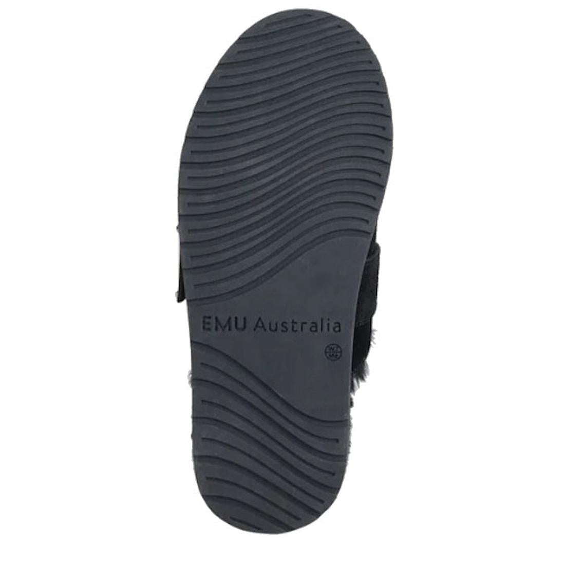 The image displays the sole of the Emu Womens Adison Black Sheepskin Wool Mule Slipper Scuff, featuring wavy tread patterns and "EMU Australia" printed at the center against a white background., 50710, 9330071990797, 9330071990803, 9330071990810, 50714, 5