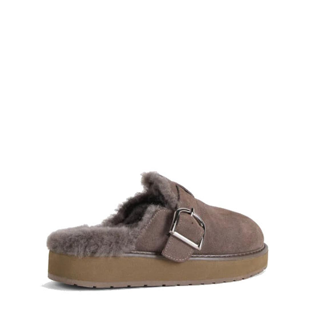 The Emu Womens Adison Smoke Grey Wool Mule Slipper Scuff features a thick sole, plush faux fur lining reminiscent of sheepskin, and a silver buckle strap on the side., 50716, 9330071986417, 9330071986424, 9330071986431, 50720, 50721