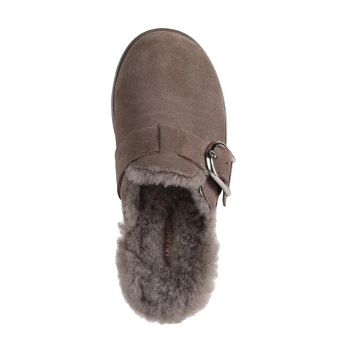 A top view of the Emu Womens Adison Smoke Grey Wool Mule Slipper Scuff shows its suede closed toe, silver buckle, and plush grey wool lining., 50716, 9330071986417, 9330071986424, 9330071986431, 50720, 50721