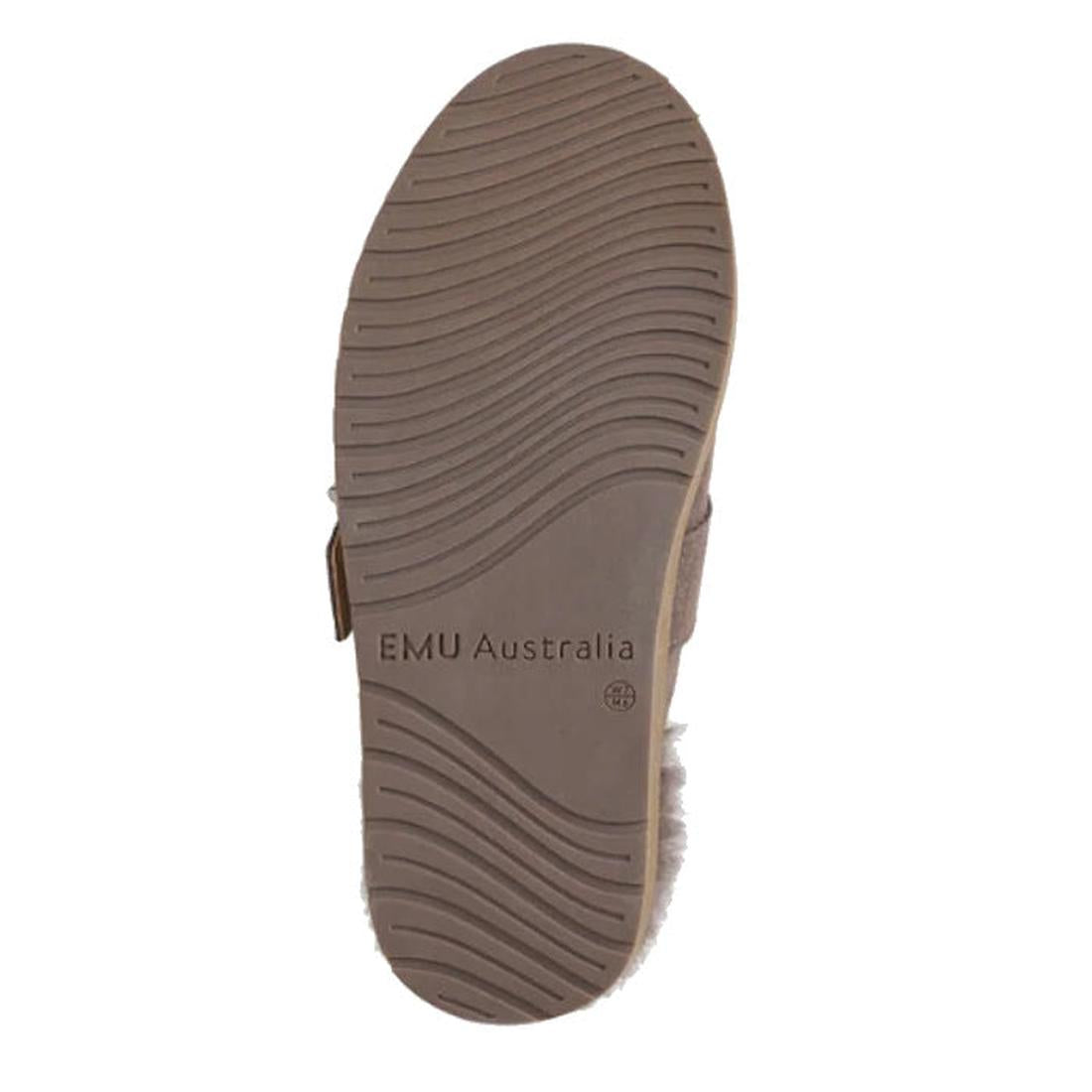 The image shows the brown rubber sole with wavy tread of the Emu Womens Adison Smoke Grey Wool Mule Slipper Scuff, featuring EMU Australia branding and a cozy sheepskin lining., 50716, 9330071986417, 9330071986424, 9330071986431, 50720, 50721