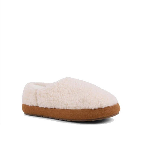 The Emu Womens Aston Natural Sheepskin Wool Slipper features a cream teddy-textured exterior, plush sheepskin lining, and brown sole, shown individually against a plain white background.