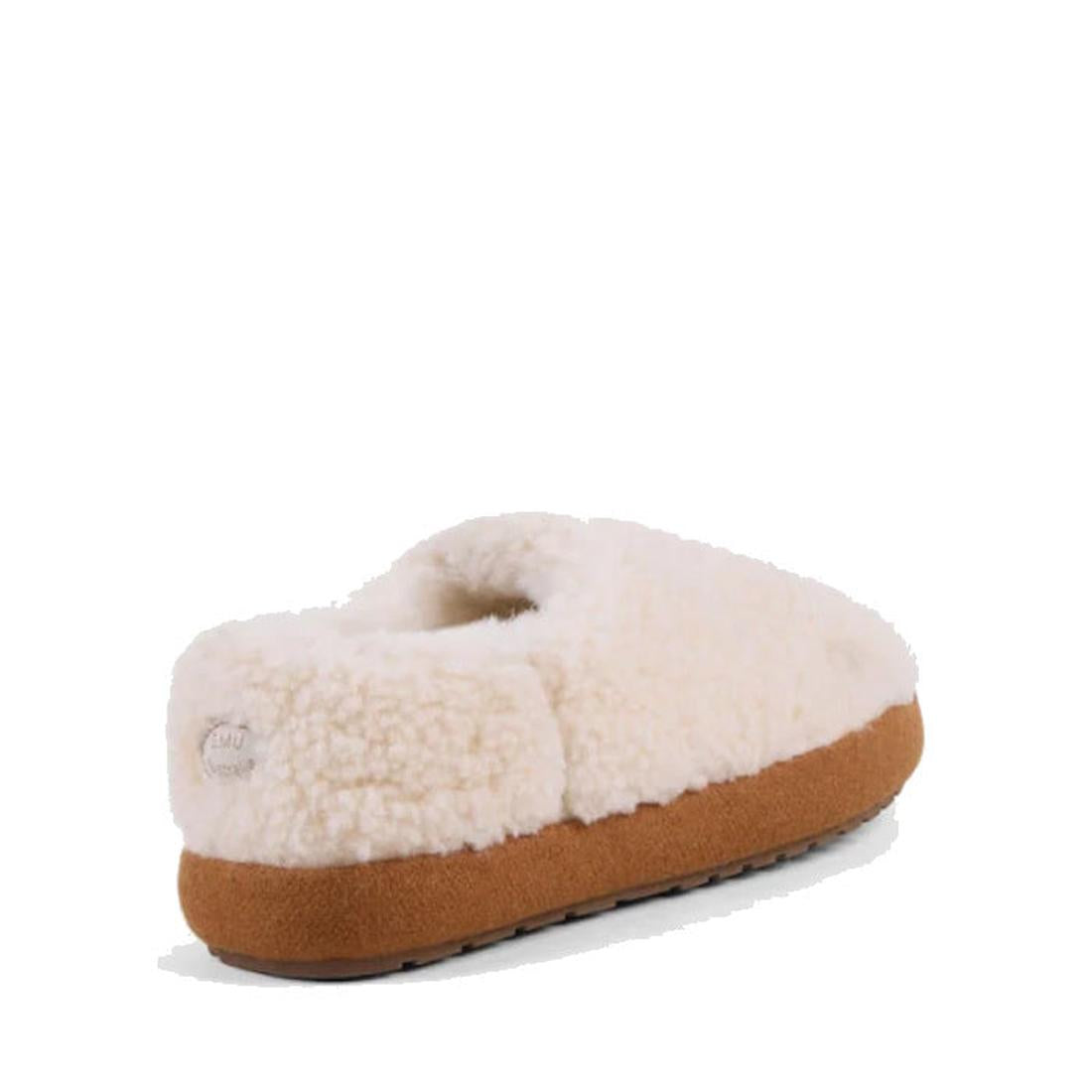 The Emu Womens Aston Natural Sheepskin Wool Slipper, featuring a cozy cream teddy texture, plush sheepskin lining, and thick brown sole, is shown at an angle against a white background., 9330071980187, 9330071980194, 9330071980200, 50690, 50691