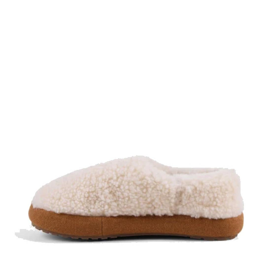 The Emu Womens Aston Natural Sheepskin Wool Slipper features a fluffy, cream teddy-textured exterior, plush sheepskin lining, and a thick brown sole, shown in side view against a white background., 9330071980187, 9330071980194, 9330071980200, 50690, 50691