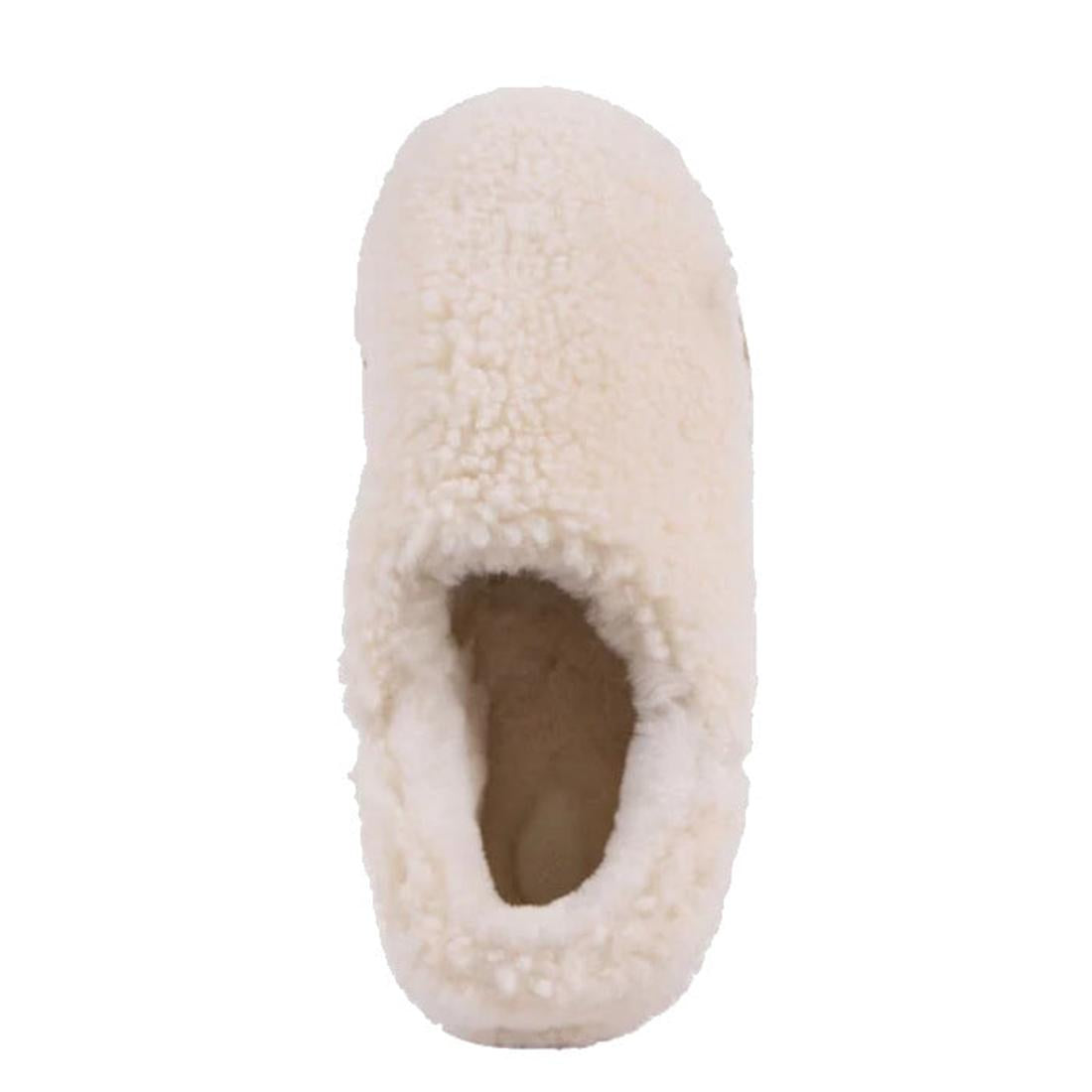A top view of the Emu Womens Aston Natural Sheepskin Wool Slipper in cream with a teddy-textured exterior, plush sheepskin lining, and open heel, set against a white background., 9330071980187, 9330071980194, 9330071980200, 50690, 50691