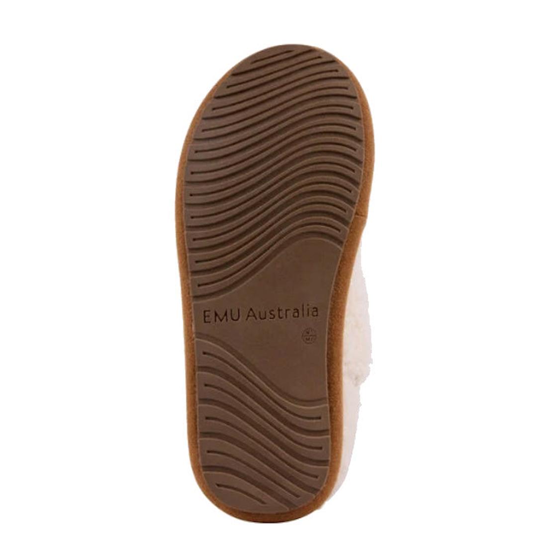 The image shows the light brown wavy sole of the Emu Womens Aston Natural Sheepskin Wool Slipper, with "EMU Australia" embossed at the center and a fuzzy white edge revealing its plush sheepskin lining., 9330071980187, 9330071980194, 9330071980200, 50690,