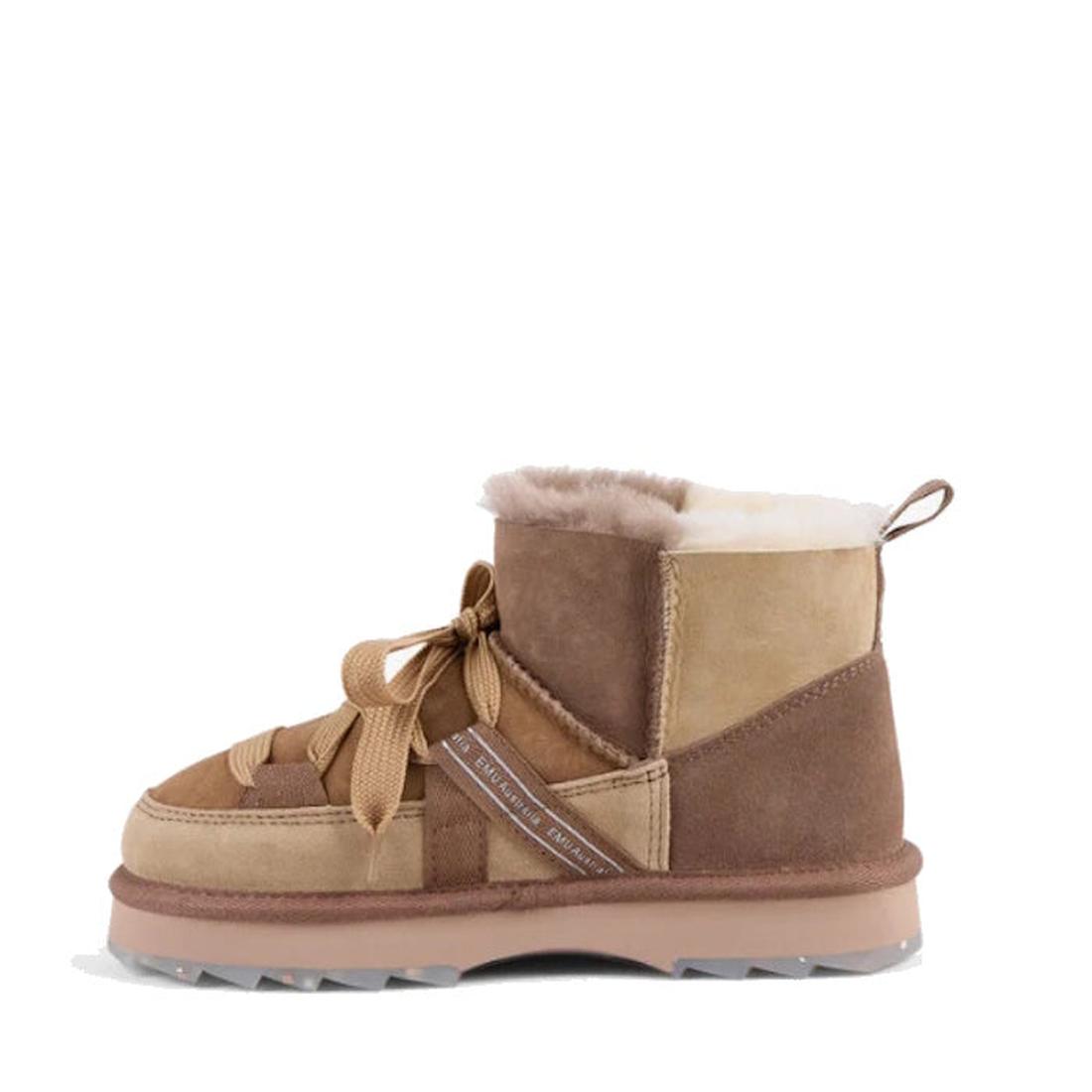 EMU NZ Women's Blurred Micro Patchwork Sheepskin Boot in Mushroom with soft suede, cozy lining, rubber sole, and easy chunky laces.  ksnz