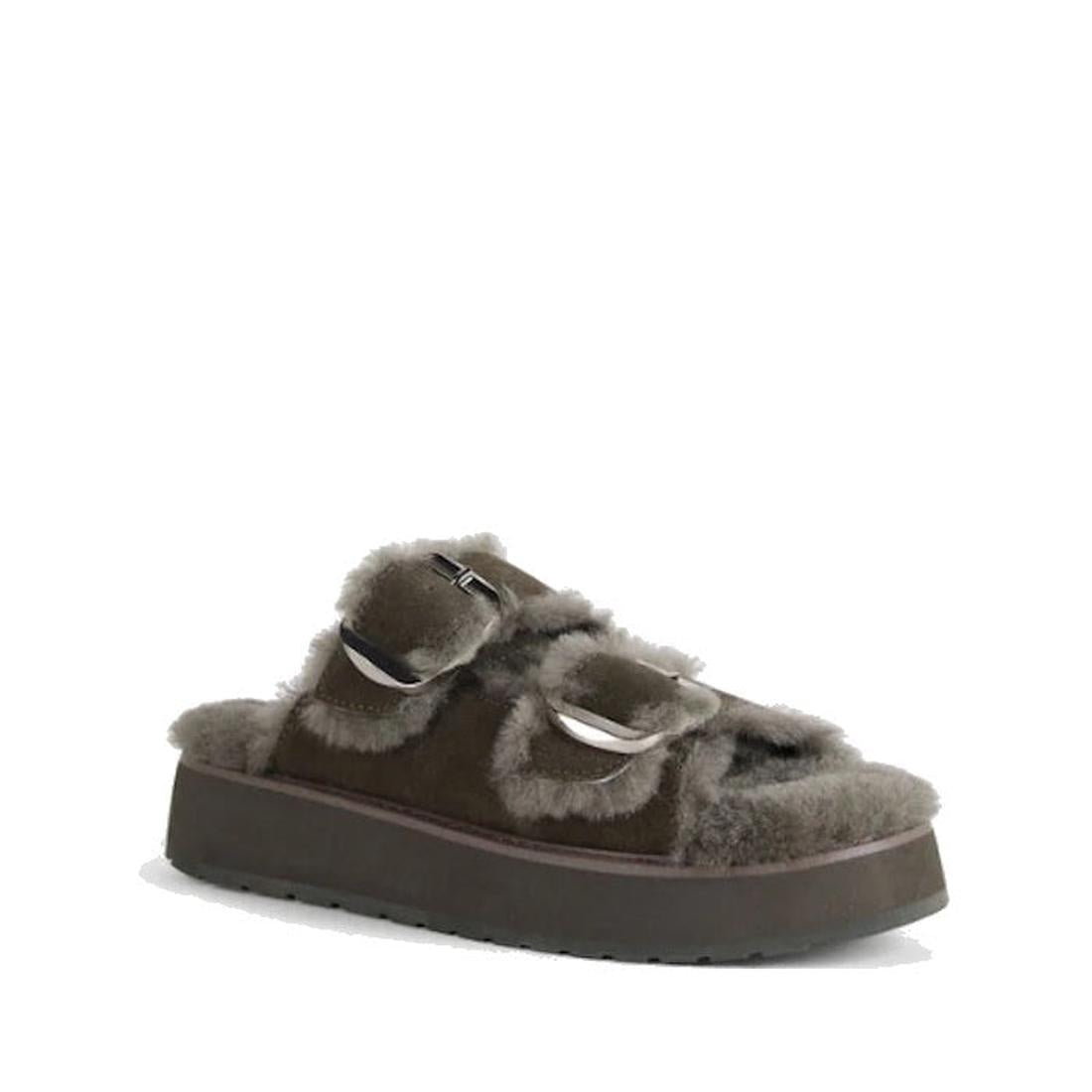 The Emu Womens Cabello Dark Olive Sheepskin Wool Slipper Slide features a thick platform sole, cozy shearling lining, and two silver buckle straps, offering slipper-like comfort in a stylish slide, shown on a white background.