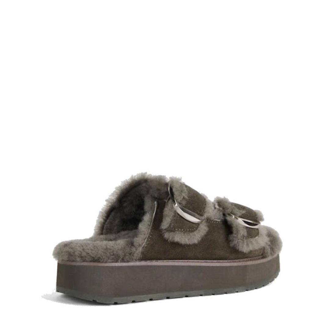 The Emu Womens Cabello Dark Olive Sheepskin Wool Slipper Slide is a slip-on with a thick sole, fuzzy lining, and two buckled adjustable straps, shown angled to display the back and side., 50698, 9330071990681, 9330071990698, 9330071990704, 50702, 50703