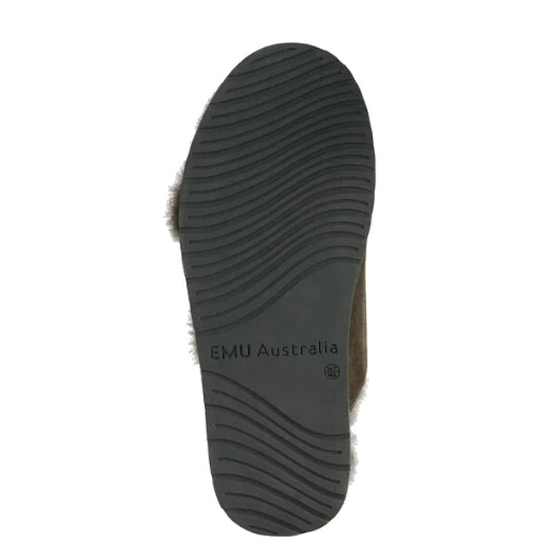 The image shows the black rubber sole of the Emu Womens Cabello Dark Olive Sheepskin Wool Slipper Slide with EMU Australia printed in the center and a wavy tread pattern for grip and traction., 50698, 9330071990681, 9330071990698, 9330071990704, 50702, 50