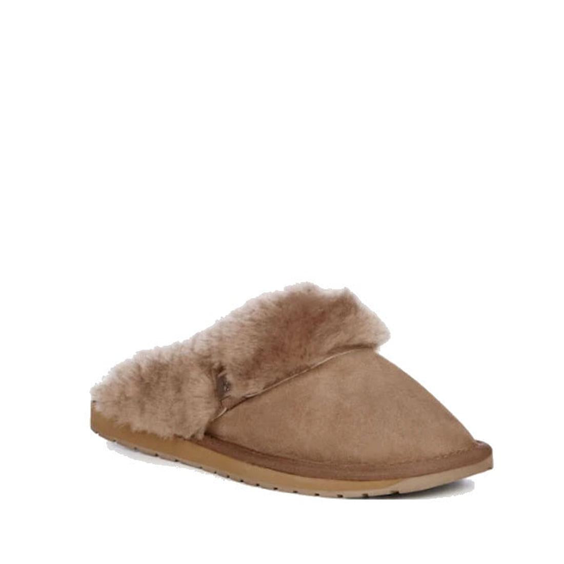 The Emu Womens Eden Mushroom Platinum Sheepskin Scuff Slipper is a tan suede slip-on with fluffy light brown faux-fur lining, open back, and flat rubber sole, inspired by classic sheepskin slippers and shown on a white background.