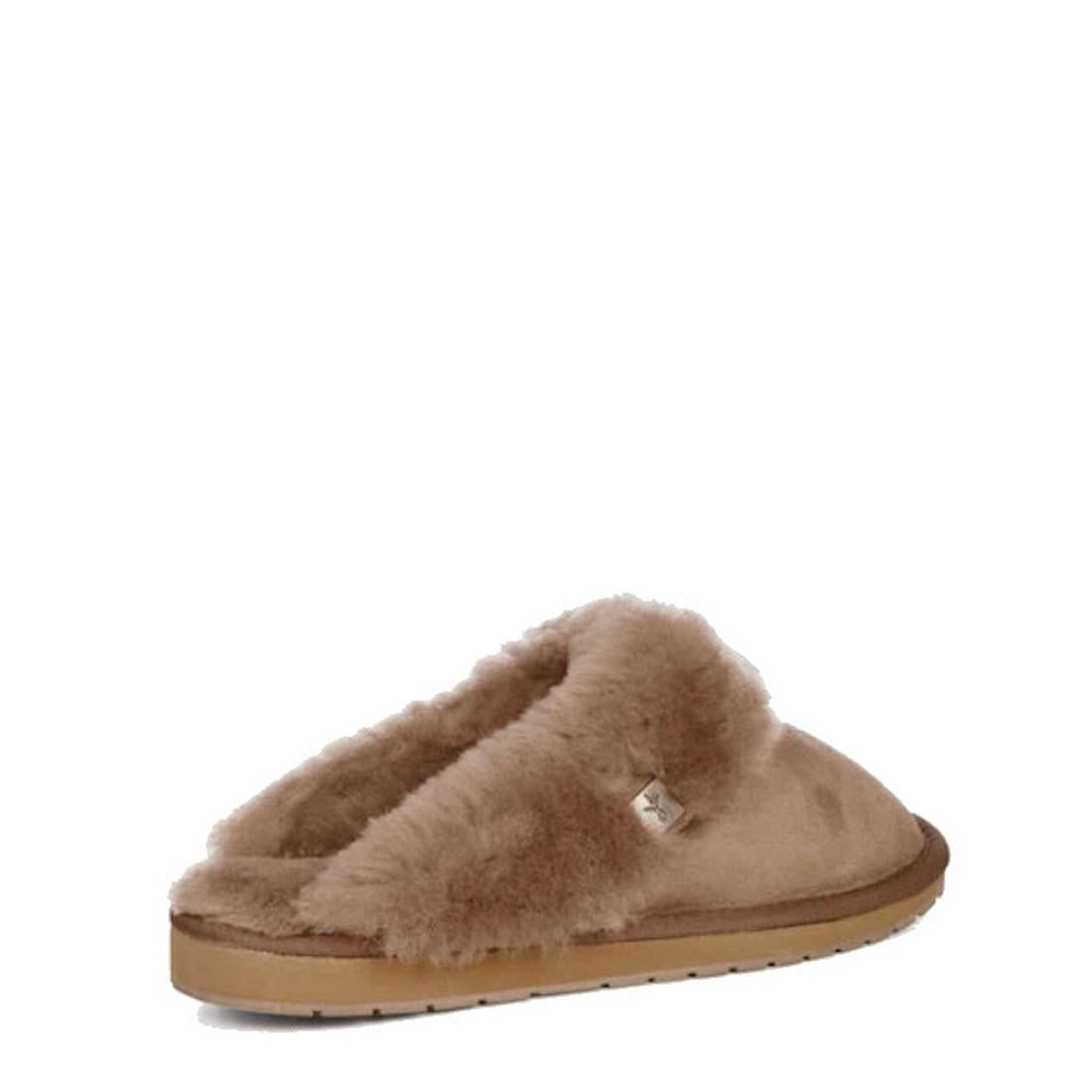 The Emu Womens Eden Mushroom Platinum Sheepskin Scuff Slipper features soft, plush material in tan with an open back and flat rubber sole. A small fabric tag is on the side. Made in Australia, shown against a white background., 9330071337912, 933007133792