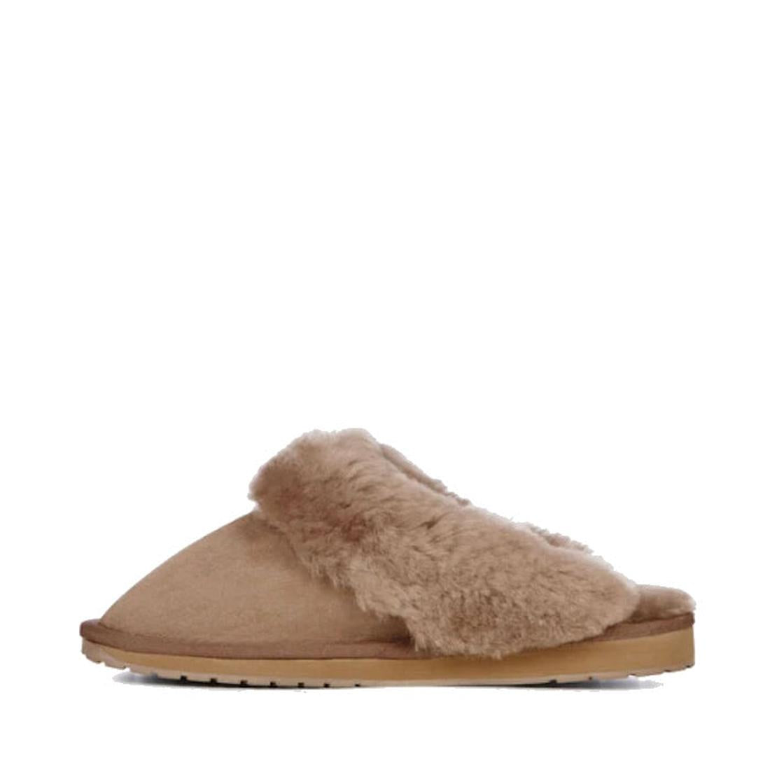 The Emu Womens Eden Mushroom Platinum Sheepskin Scuff Slipper is a single tan slip-on with a fuzzy exterior, open heel, flat light brown sole, and offers cozy Australian-made sheepskin comfort., 9330071337912, 9330071337929, 9330071337936, 50731, 50732
