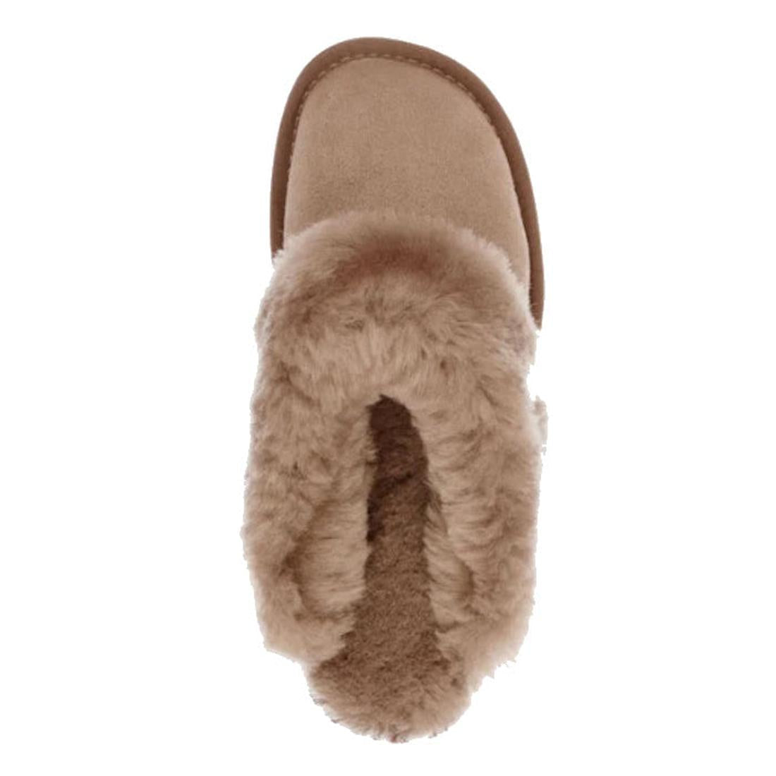 The Emu Womens Eden Mushroom Platinum Sheepskin Scuff Slipper is a single tan slip-on with a rounded toe and soft, fluffy lining, viewed from above. Its plush sheepskin interior ensures cozy comfort., 9330071337912, 9330071337929, 9330071337936, 50731, 50