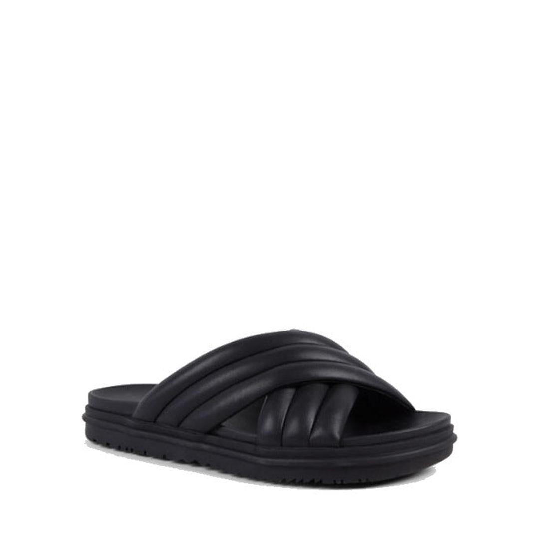 The Emu Ella Full Black Leather Summer Slide features cushioned, crisscrossed soft leather straps, a comfortable footbed, and a flat textured sole, displayed against a plain white background.