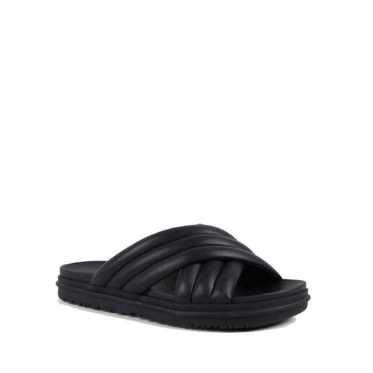 The Emu Ella Full Black Leather Summer Slide features cushioned, crisscrossed soft leather straps, a comfortable footbed, and a flat textured sole, displayed against a plain white background.