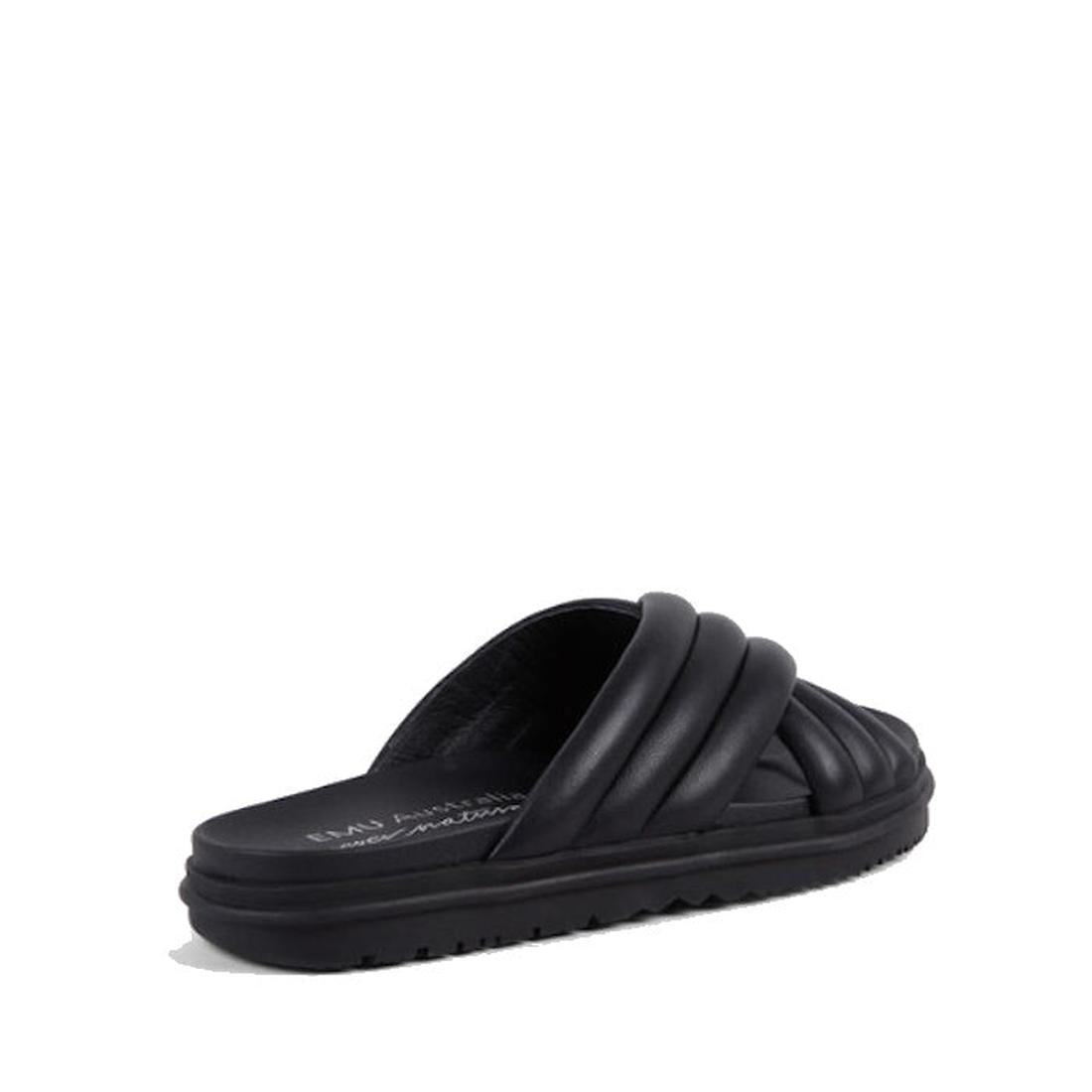 The Emu Ella Full Black Leather Summer Slide features soft black leather, a thick cushioned sole, and three padded braided straps, shown against a white background., 9330071982846, 9330071982853, 9330071982860, 9330071982877, 9330071982884, 9330071982891
