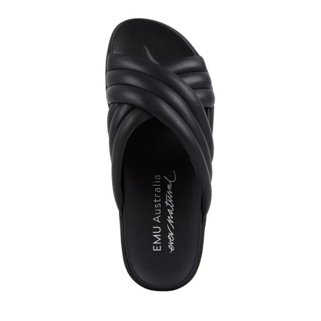The Emu Ella Full Black Leather Summer Slide features a twisted, braided soft leather strap and EMU Australia branding in white on the comfortable footbed., 9330071982846, 9330071982853, 9330071982860, 9330071982877, 9330071982884, 9330071982891