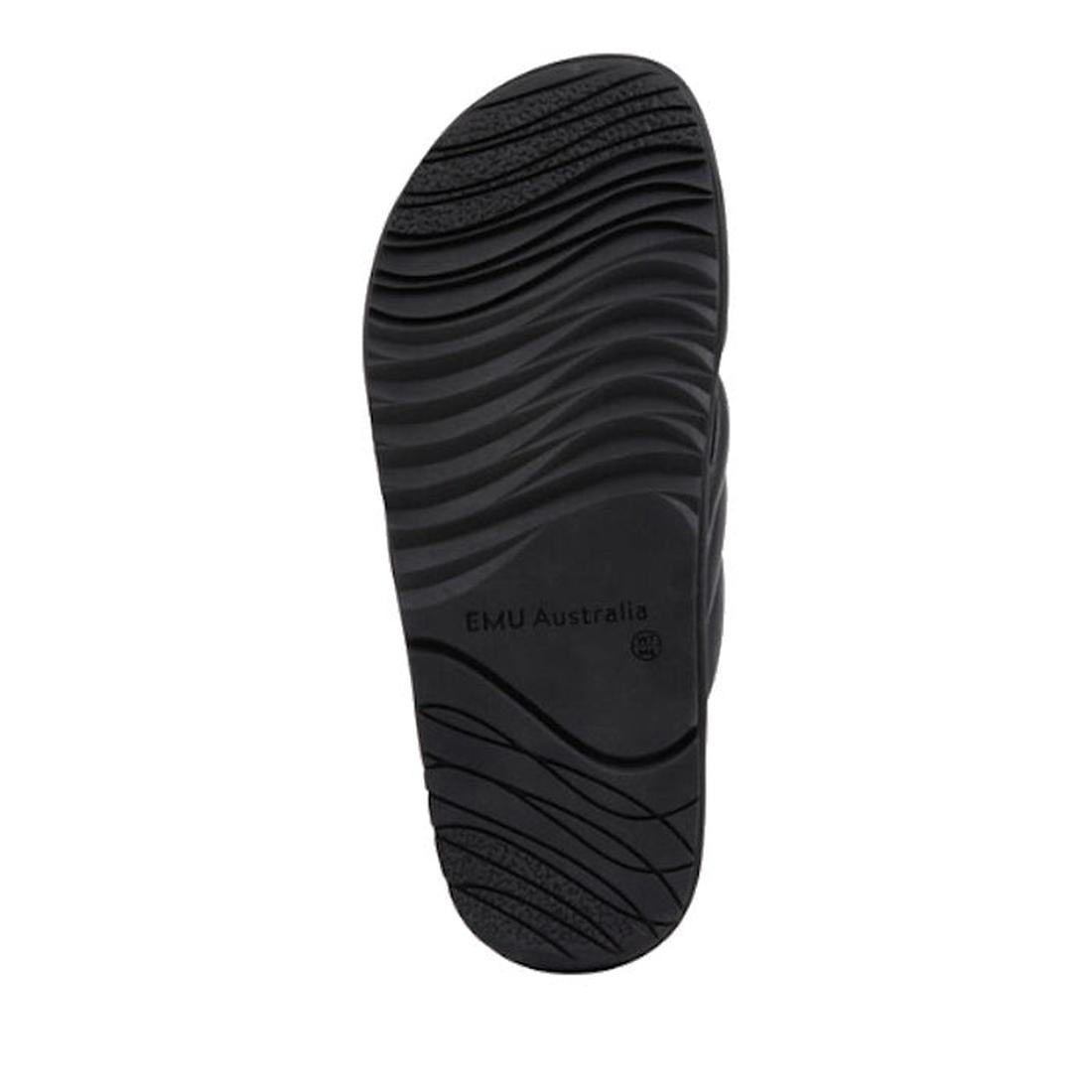 The image shows the black rubber sole of the Emu Ella Full Black Leather Summer Slide with wavy tread patterns and "EMU Australia" printed near the center. The background is plain white., 9330071982846, 9330071982853, 9330071982860, 9330071982877, 9330071