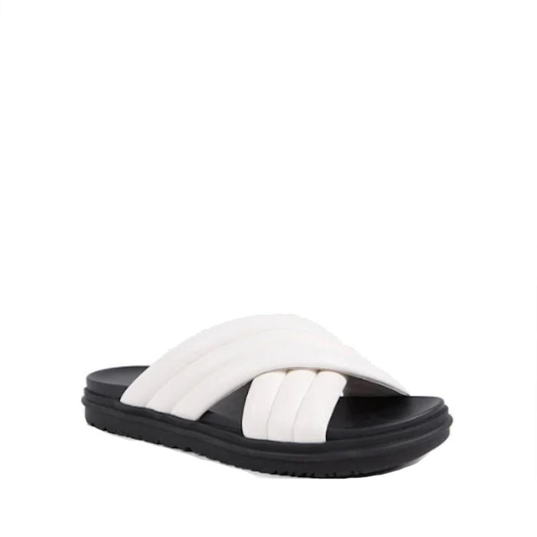 EMU NZ Emu Ella Coconut White Black Leather Summer Slide: cozy white crisscross slip-on sandals with a black sole, perfect for summer.  ksnz