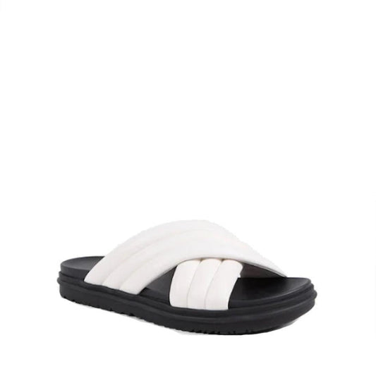 EMU NZ Emu Ella Coconut White Black Leather Summer Slide: cozy white crisscross slip-on sandals with a black sole, perfect for summer.  ksnz