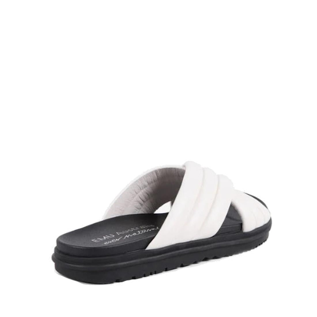 EMU NZ Emu Ella Coconut White Black Leather Summer Slide, a comfy sandal with black sole and soft white straps, perfect for busy families.  ksnz