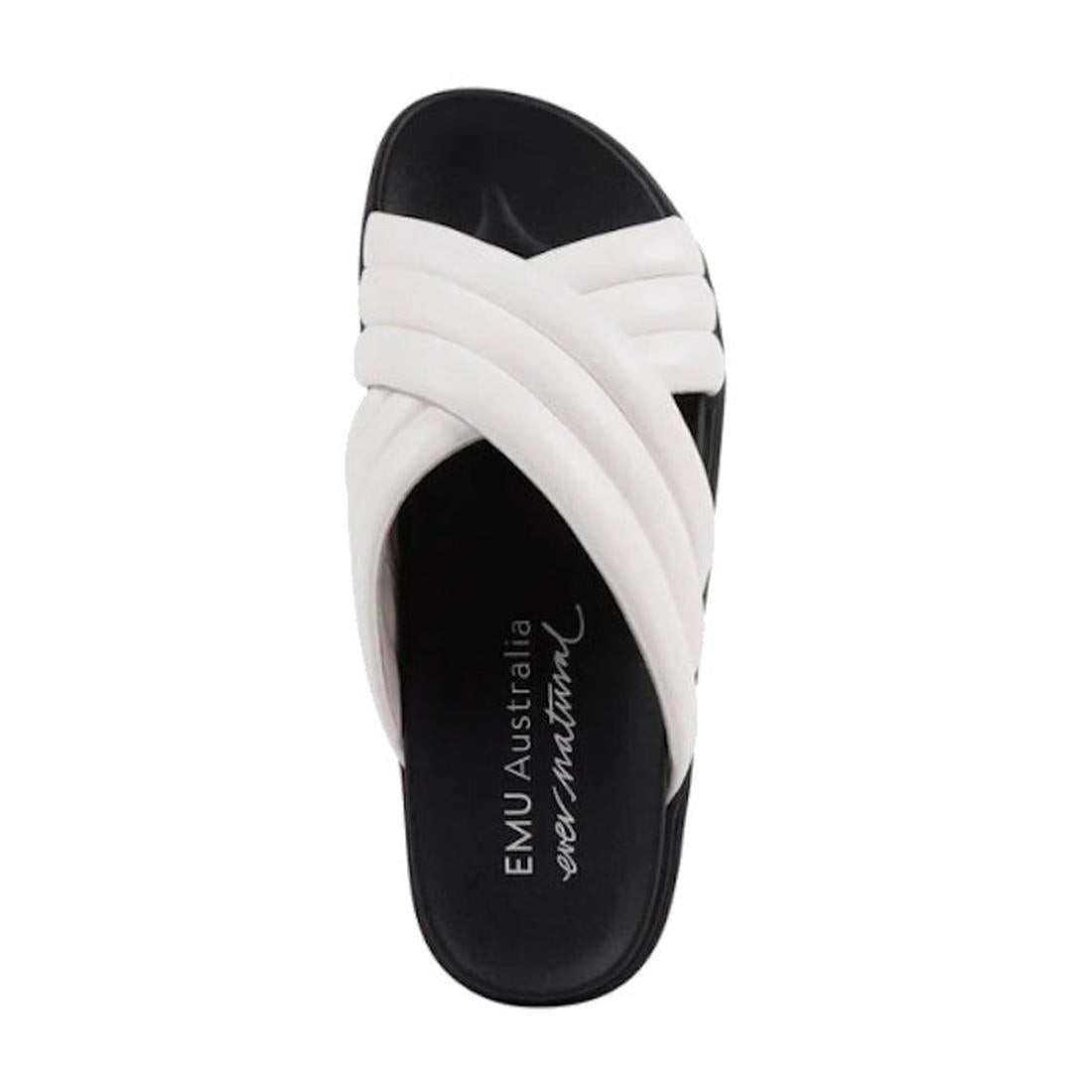 EMU Ella Coconut White Black Leather Summer Slide is a comfy open-toe sandal with soft white straps and easy slip-on design.  ksnz