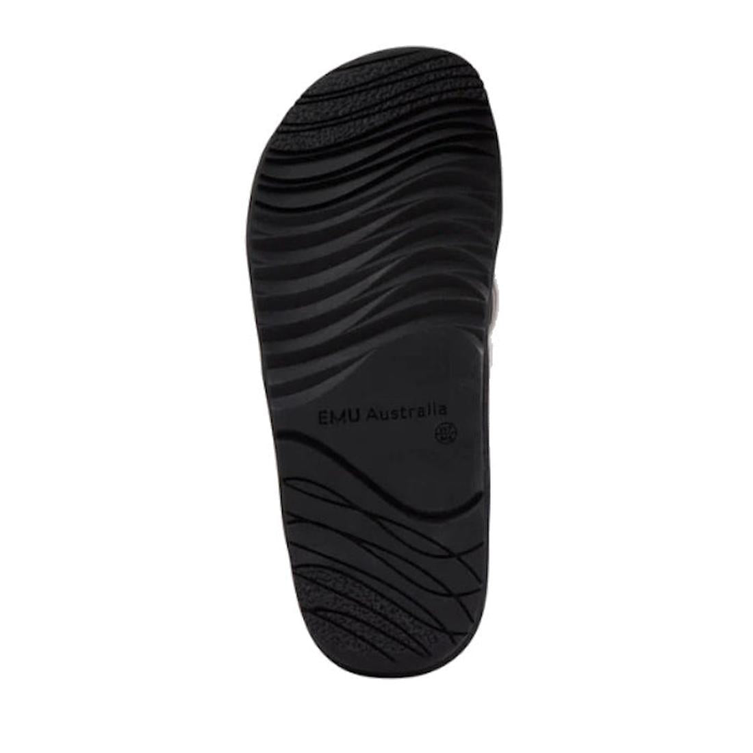 Emu Ella Coconut White Black Leather Summer Slide for kids, with comfy slip-on style, sturdy wavy sole, and grippy tread for fun days.  ksnz