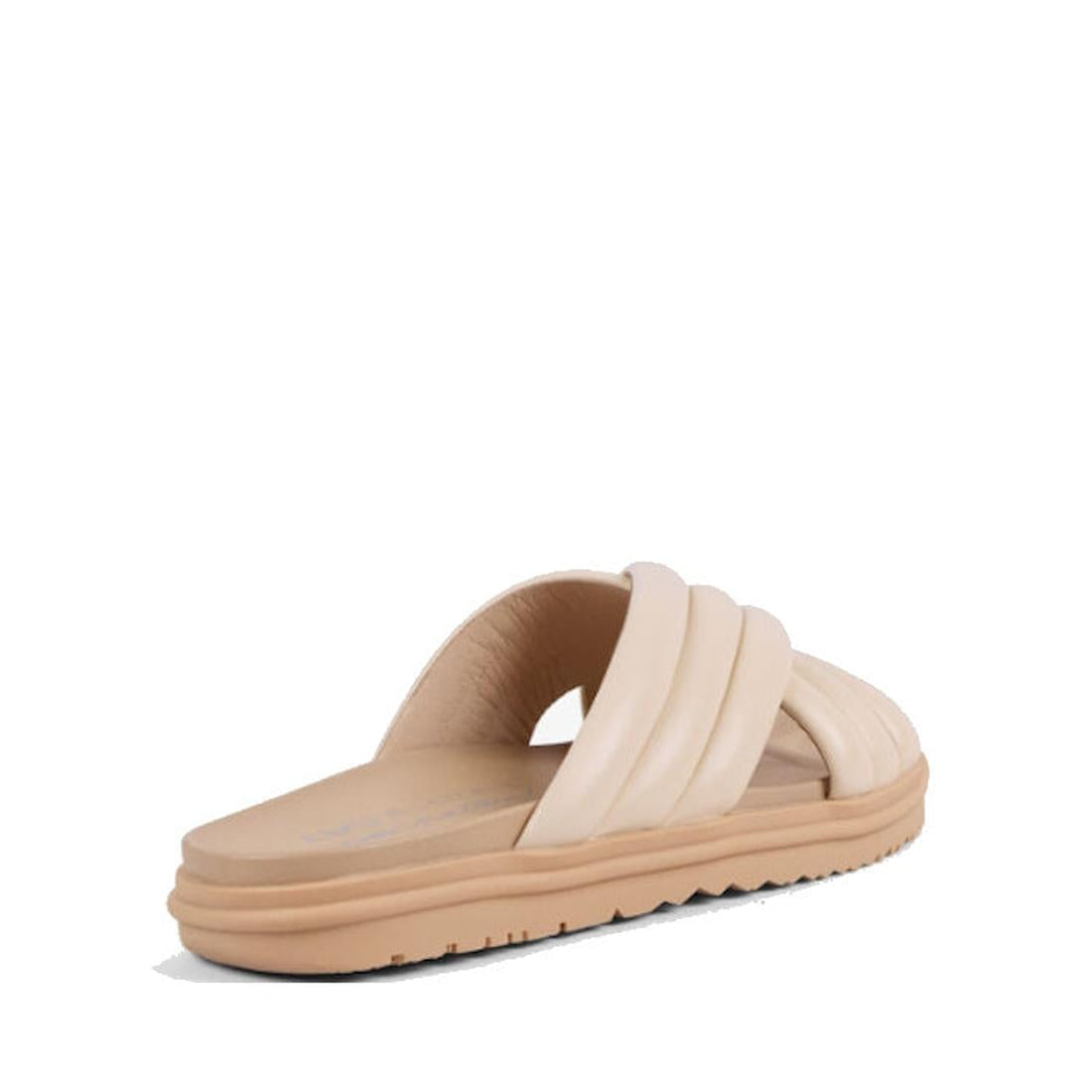 The Emu Ella Macadamia Tan Off White Leather Women's Summer Slide features a beige soft leather upper with three padded straps and a comfy footbed, shown on a white background., 9330071982990, 9330071983003, 9330071983010, 47267, 47268