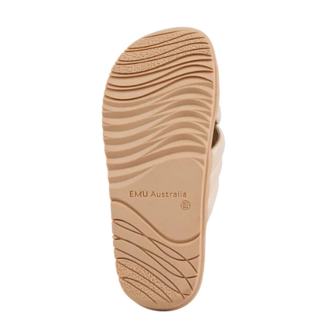 The image shows the sole of the Emu Ella Macadamia Tan Off White Leather Women's Summer Slide, featuring textured wavy grooves for traction and EMU Australia branding, designed for comfort with a soft leather upper., 9330071982990, 9330071983003, 93300719