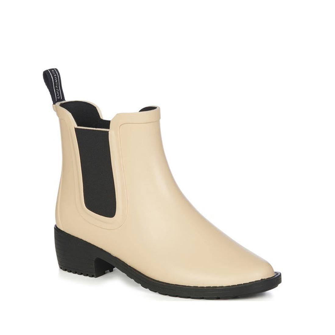 EMU NZ Emu Women's Grayson Rainboot Macadamia is a cozy beige Chelsea rain boot with comfy sheepskin footbed and easy black pull tab.  ksnz