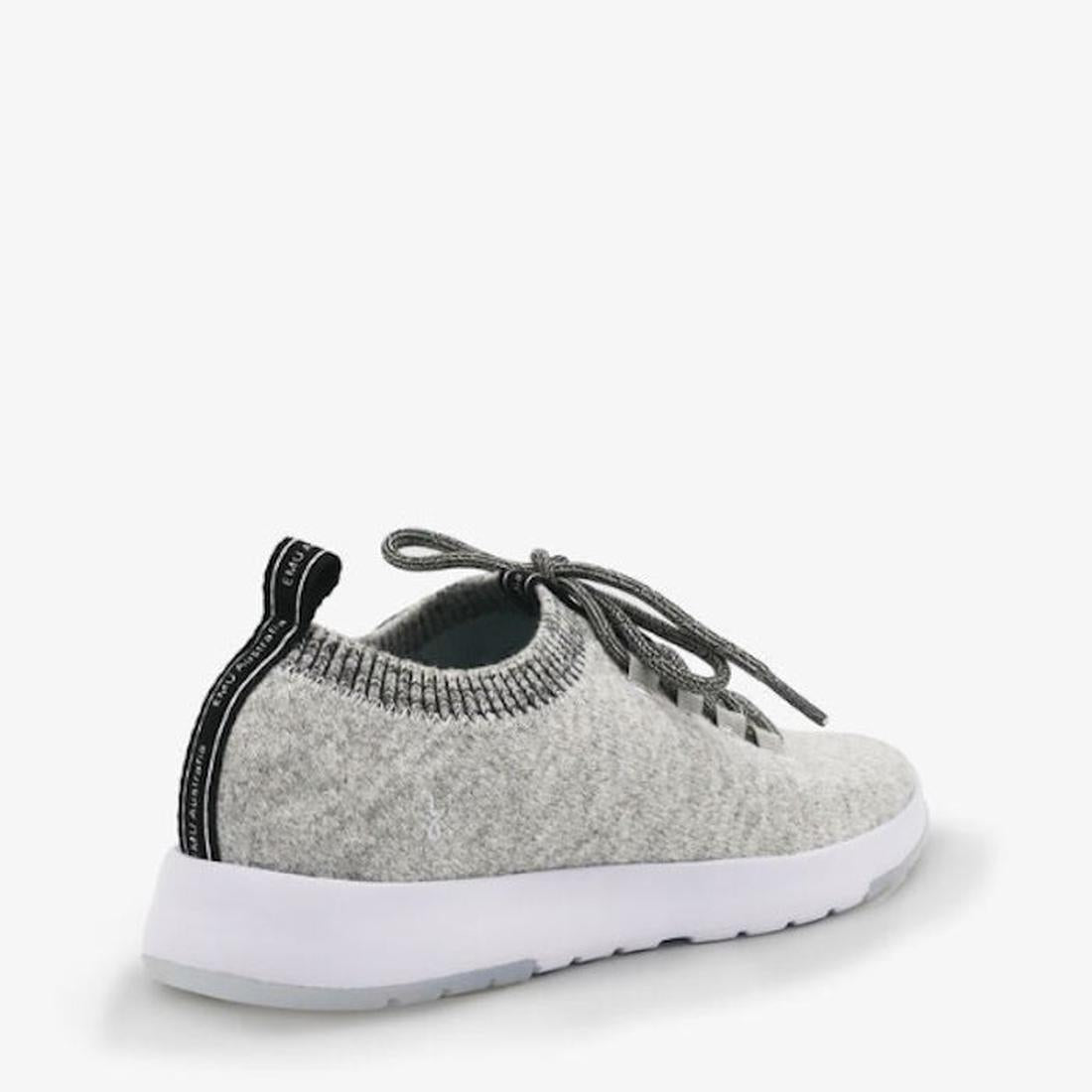 The Emu Heidelberg Wool Sneaker Grey is a light gray wool sneaker with a white sole, gray laces, and a black pull tab on the heel, shown angled to display its back and side against a plain white background., 42766, 42767, 9330071956397, 9330071956403, 933