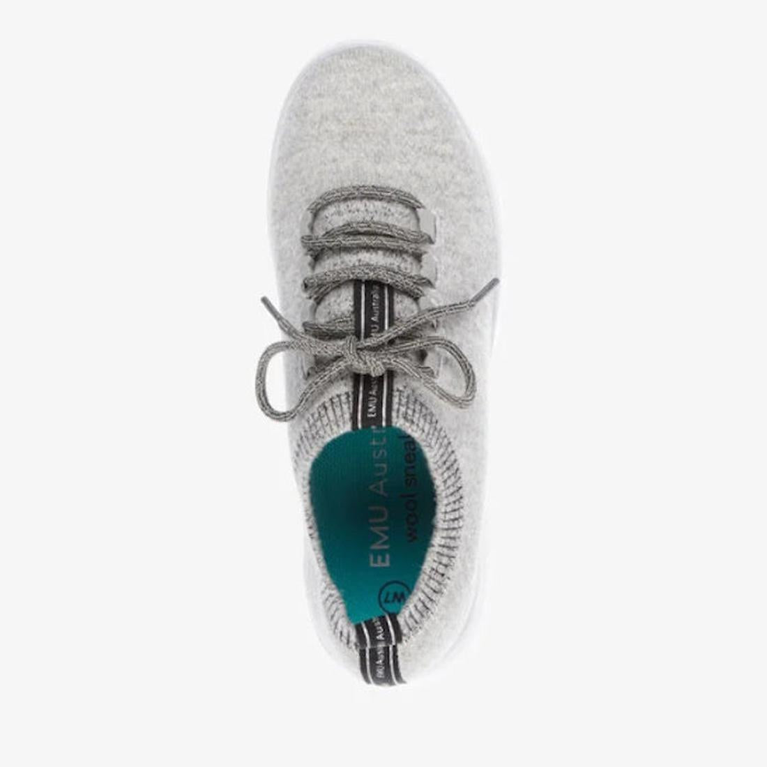 Top view of the Emu Heidelberg Wool Sneaker Grey, featuring light grey natural wool, grey laces, a black and white striped pull tab, and a teal EMU Australia insole—a lightweight, comfortable travel shoe., 42766, 42767, 9330071956397, 9330071956403, 93300