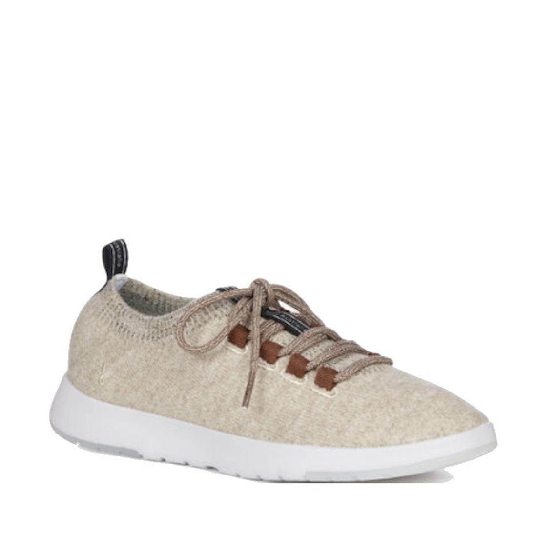 The Emu Heidelberg Wool Sneaker in Oatmeal features natural wool, beige knit design, brown laces and eyelets, a white rubber sole, and a black heel pull tab—displayed on a white background for the perfect travel comfort.