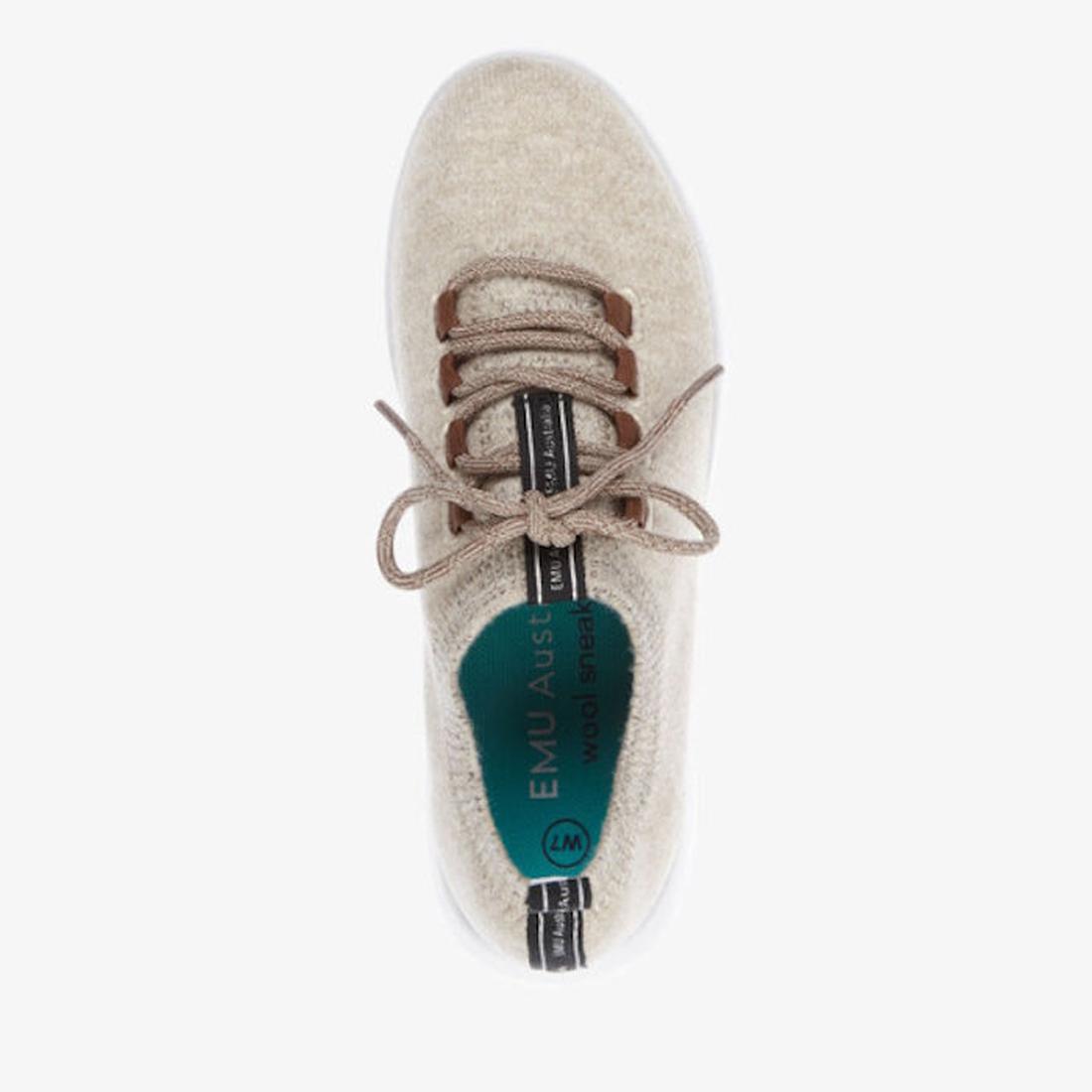 Top view of the Emu Heidelberg Wool Sneaker in Oatmeal: light beige wool, brown laces, white sole, green EMU Australia–branded insole, and black and white pull tab—comfortable travel shoes for any journey., 42773, 9330071956465, 9330071956472, 93300719564